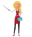 Stock vector cartoon illustration young business blonde woman with a pointer presenting something.