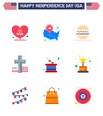 Stock Vector Icon Pack of American Day 9 Line Signs and Symbols for drum; church; location pin; cross; usa