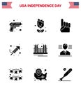 Stock Vector Icon Pack of American Day 9 Line Signs and Symbols for gate; day; foam hand; festival; fire work