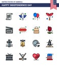 Happy Independence Day 4th July Set of 16 Flat Filled Lines American Pictograph of movis; sausage; state; frankfurter; party