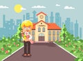 Vector illustration cartoon character child lonely boy blonde schoolboy, pupil, student standing with bouquet flowers in