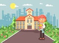 Vector illustration cartoon character child lonely boy redhead schoolboy, pupil, student standing with bouquet flowers