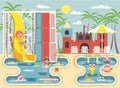 Vector illustration cartoon characters children, boy riding water slide and girl swimming pool frolicking or resting Royalty Free Stock Photo