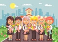 Vector illustration cartoon characters children schoolchildren classmates pupils students standing with bouquets flowers