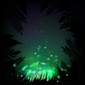 Stock vector illustration fireflies night tropical background. Lights, leaves, grass. EPS 10