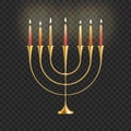 Stock vector illustration Hanukkah menorah with candles isolated on a transparent background. Jewish candlestick. Festival of