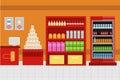 Stock vector illustration the interior of supermarket, cashier showcase, grocery, deli in flat style , website , shop, store