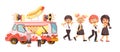 Vector illustration isolated characters children, pupils, schoolboys and schoolgirls buy fast food, sandwiches, hot dogs Royalty Free Stock Photo