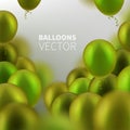 Stock vector illustration party flying lime green realistic balloons. Defocused macro effect. Templates for placards, banners,