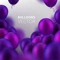 Stock vector illustration party flying purple realistic balloons. Defocused macro effect. Templates for placards, banners, flyers,