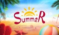 Stock vector illustration realistic beach. Summer and sun, sea. Set, ball, starfish, shell, palm tree, beach slippers. Art for