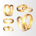 Stock vector illustration realistic gold wedding ring set Isolated on a transparent checkered background. EPS10 Royalty Free Stock Photo