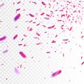 Stock vector illustration realistic pink and purple confetti, glitters Isolated on a transparent checkered background. Festive