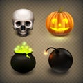 Stock vector illustration realistic skull, jack-o-lantern, witches cauldron, bomb. Halloween set isolated on a transparent