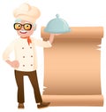 Stock vector illustration of a senior chef with dish hand on the banner