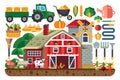 Stock vector illustration set of icons for farm business, house, tractor, tools, artiodactyls, cloven-hoofed domestic