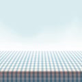 Vector picnic table covered with tablecloth on blue background. - Vector Royalty Free Stock Photo