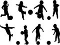 Set of silhouettes of young boys playing with ball