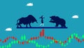 Stock volatility. Balanced business woman on a volatile stock chart