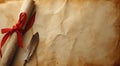 A rolled parchment tied with a red ribbon rests on a weathered, aged paper background Royalty Free Stock Photo