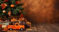 Christmas-themed scene with a small evergreen tree adorned with autumn leaves, golden baubles, and mini pumpkins Royalty Free Stock Photo
