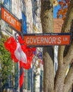 Stockade Historic District street sign on corner decorated for Christmas