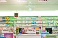 Stocked with trusted brands. shelves stocked with various medicinal products in a pharmacy.