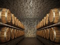 Stocked wine barrels across two sides of corridor of a wine cellar