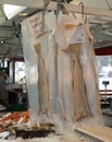 Stockfish hanging in a Norwegian fish market