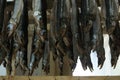 Stockfish is unsalted fish, especially cod, dried by cold air and wind on wooden racks