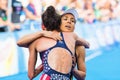 STOCKHOLM - AUG, 24: The winner Gwen Jorgensen hugging Anne Haug in second place in the Womens ITU World Triathlon Series event A