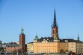 The Stockholm City Hall and The Riddarholm Church in Swedish: Riddarholmskyrkan, burial church of the Swedish monarchs.