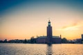 Stockholm City Hall Stadshuset tower at sunset, dusk, Sweden