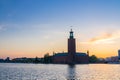 Stockholm City Hall Stadshuset tower at sunset, dusk, Sweden