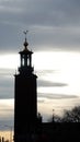 Stockholm City Hall tower at sunset in spring in Sweden Royalty Free Stock Photo