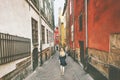 Stockholm city tour woman walking traveling alone Royalty Free Stock Photo