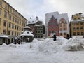 Stockholm: The famous colorful buildings of Stortorget, in the main square in Gamla Stan, during reform in winter Royalty Free Stock Photo