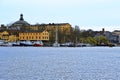 Stockholm Gamla Stan canal, boat and Stockholm harbor panorama. Stockholm, Sweden Royalty Free Stock Photo