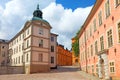 Stockholm city narrow street Sweden architecture old building house town travel urban Scandinavia scandinavian swedish view shot Royalty Free Stock Photo