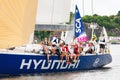 STOCKHOLM - JUNE, 30: Sailboat Hyundai close to shore with crew