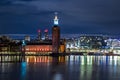 Stockholm night skyline canal cityscape, Stadshus. Stockholm Sweden