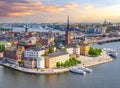 Stockholm old town Gamla Stan panorama from City Hall top at sunset, Sweden Royalty Free Stock Photo