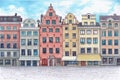 Stockholm - Stortorget place in Gamla stan. Highly detailed color illustration with markers of an old European town