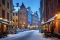 Stockholm, Sweden. Abstract image quality scenic Christmas decorated houses, snowy downtown streets