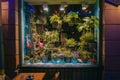 Stockholm, Sweden -April 30, 2018: Beautiful decorated flower shop window, storefront outside view in evening. Stockholm