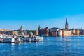 STOCKHOLM, SWEDEN, APRIL 20, 2019: Gamla Stan old town dominated by Riddarholmskyrkan church in Stockholm, Sweden