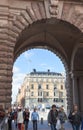 Stockholm, Sweden - August 18, 2014 - Arch of parliament and Drottninggatan street ,View on the gate in Gamla Stan in Stockholm Royalty Free Stock Photo
