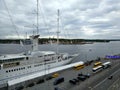 Stockholm, Sweden. August 21, 2017: view of the embankment, the city and the large ship from the observation deck Fjallgatan