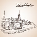 Stockholm, Sweden - city view. Hand drawn ink line pen.