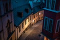 Stockholm, Sweden. Cobbled street in Sodermalm. Color street with cobblestone road, streetlight. Narrow street. Royalty Free Stock Photo